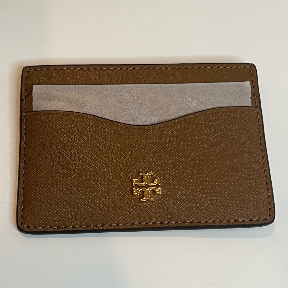 Tory Burch Tan Leather Card Holder with Gold Logo